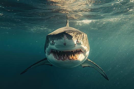 Underwater photo of a large shark with its mouth open.