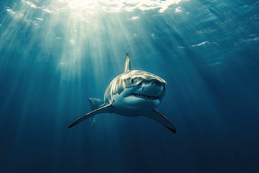 A white shark swims peacefully forward under the ocean water