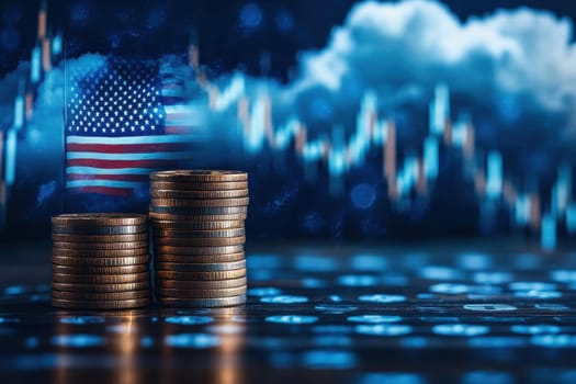 Blue glowing cloud computing with USA Flag icon on a pile of gold coins against blue blurred background..