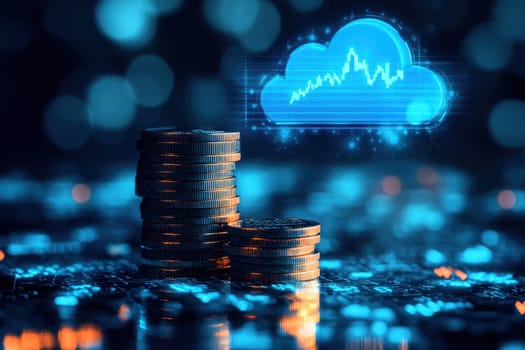 Blue glowing cloud computing icon on a pile of gold coins against blue blurred background. High quality illustration