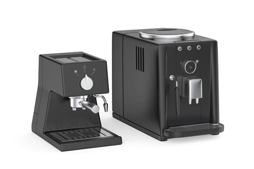 Manual and automatic espresso coffee makers on white background