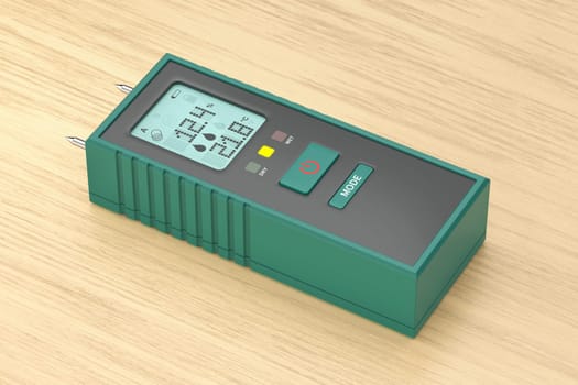 Green digital moisture meter on a wooden background