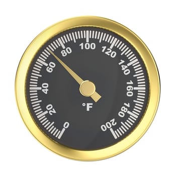 Golden round thermometer in Fahrenheit scale, isolated on white background
