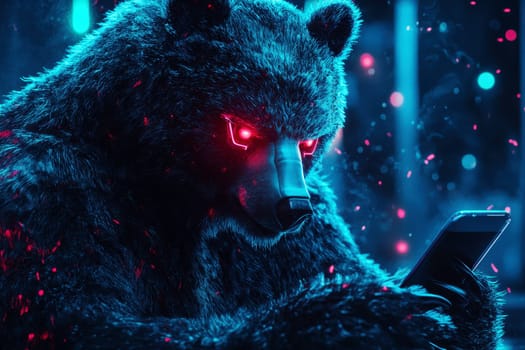 a futuristic cyberpunk style ,bear has glowing red eyes, focused on a smartphone. data virus security concept. High quality illustration