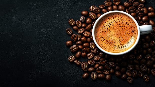 Coffee background, top view with copy space. White cup of coffee and, ground coffee, coffee beans on dark wooden background. High quality illustration
