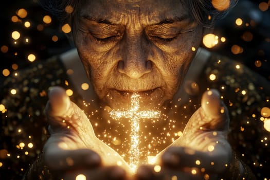 elderly Woman Holding a Glowing Cross. Symbol of Faith and Hope..