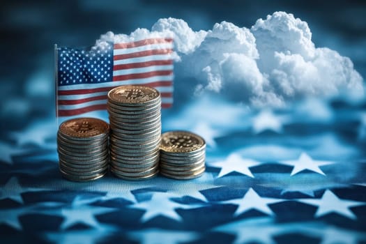 Blue glowing cloud computing with USA Flag icon on a pile of gold coins against blue blurred background..