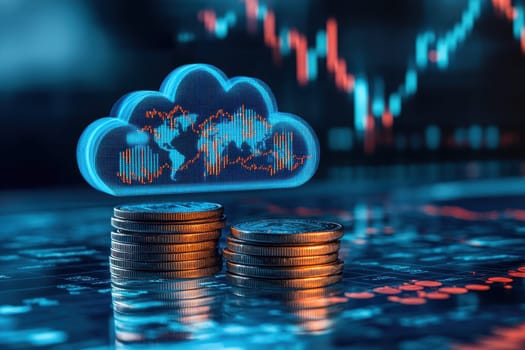 Blue glowing cloud computing icon on a pile of gold coins against blue blurred background..