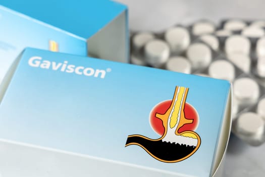 Gaviscon - pack of pills for stomach problems and heartburn. Denmark - August 2023.