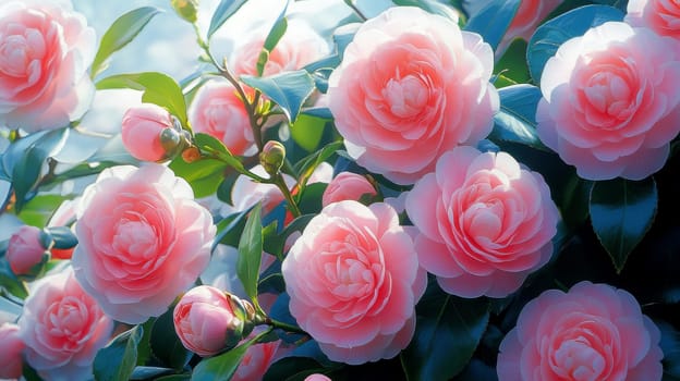 camellia pink flowers sunny morning natural light, nikon photo, detailed, professional, very realistic photo, 4k --ar 16:9 --v 6.1 Job ID: e30d1d68-34f8-4a86-8386-b0d627b6c183