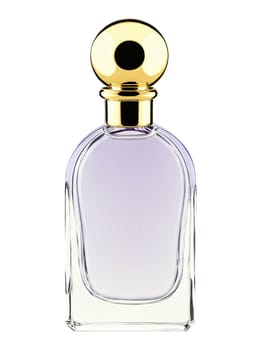 Elegant Lavender Perfume Flacon, sophisticated, pale purple glass, gold cap, refined lines, isolated on a soft lilac background.