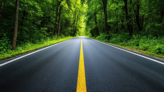 A wide road leads into the distance, green forests lush ..
