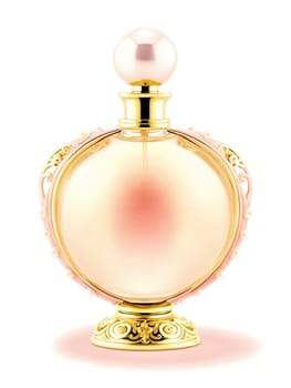 Glamorous Pearl Perfume Bottle, elegant, metallic gold, ornate lid, delicate curves, isolated on a bright pastel pink background.