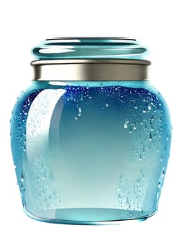 Icy blue glass jar with a sparkling design, set against a backdrop of dew drops and morning mist