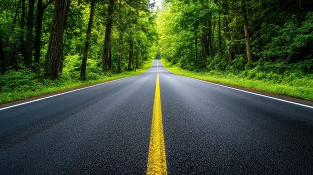 A wide road leads into the distance, green forests lush ..