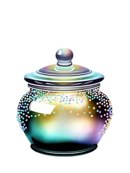 Iridescent glass jar with a shimmering design, set against a backdrop of shiny pearls and soft lighting on a transparent