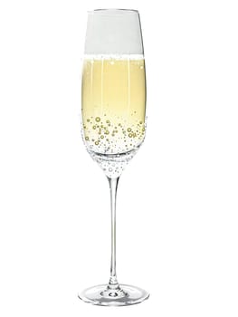 Modern champagne glass, refined design, floating bubbles, crystal clear, premium