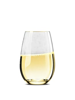Modern Stemless A contemporary stemless champagne glass, with a sleek, rounded design, sparkling with golden champagne, vibrant highlights skimming its surface, isolated on a transparent