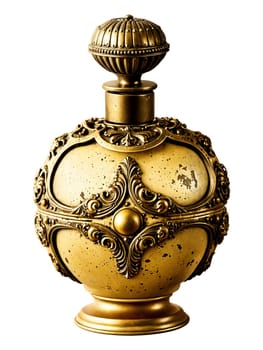 Vintage Bronze Perfume Container, antique, distressed finish, ornate lid, isolated on a warm beige background.