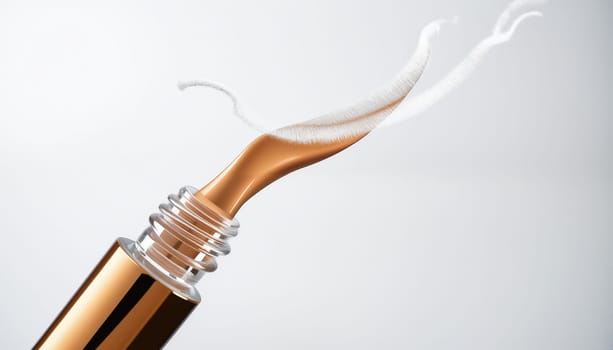 Brow gel tube drifting upwards, tiny fibers dispersing to create fluffy, defined arches