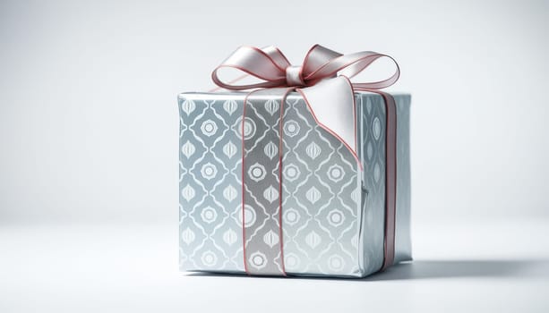 Gift Package Metallic silver with futuristic patterns, lively ribbon, isolated transparent background, striking hero image.