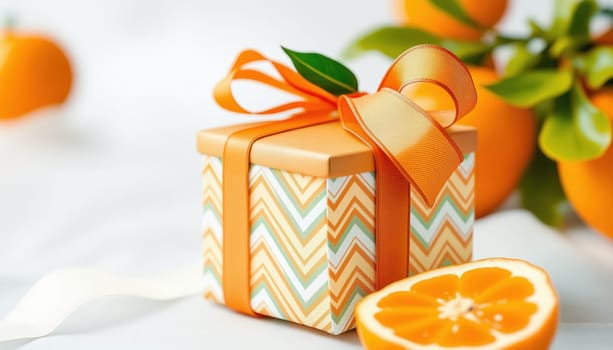 Gift Package Tangerine with zigzag patterns, swirling ribbon, isolated transparent background, vibrant advertisement style.
