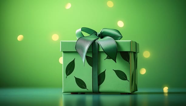 Gift Packaging Vibrant green with leaf motifs, ribbon fluttering, isolated transparent background, captivating hero shot.
