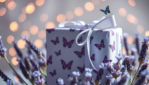 Gift Wrap Lavender with butterfly designs, fluttering ribbon, isolated transparent background, vibrant hero shot.