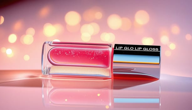 Lip Gloss A shimmering lip gloss tube with iridescent highlights, surrounded by sparkling light effects,