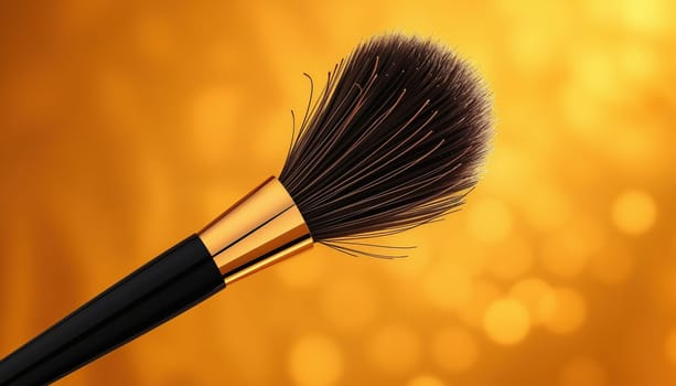 Makeup brush swirling through the air, bristles fanning out elegantly, against a backdrop of shimmering