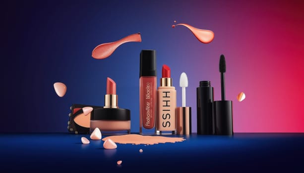 Makeup must-haves floating gracefully against a backdrop of bold, contrasting hues