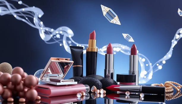 Makeup products floating weightlessly in a visually stunning, avant-garde composition