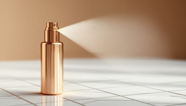 Makeup setting spray bottle mid-mist, fine droplets dispersing to lock in flawless, long-lasting coverage
