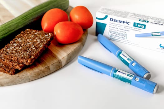 Ozempic Insulin injection pen or insulin cartridge pen for diabetics. Medical equipment for diabetes parients. Denmark - Oktober 18, 2023