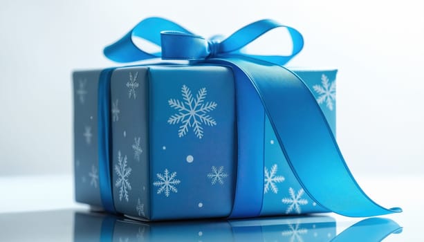 Gift Box Ice blue with snowflake designs, ribbon in motion, isolated transparent background, compelling hero