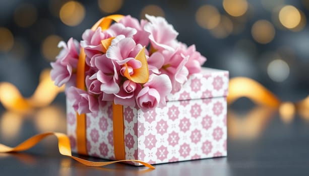 Gift Box Lilac with delicate patterns, dynamic golden ribbon, isolated transparent background, engaging product focus.