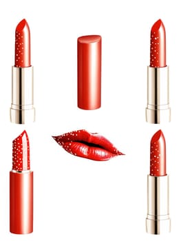 Lipstick A vibrant red lipstick with a glossy finish, elegantly suspended in mid-air, surrounded by twinkling specks of light, on