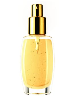 Foundation Bottle A luxurious foundation bottle with a gold cap, with droplets of foundation artistically splashed around it, on a