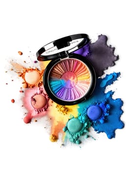Eyeshadow Palette A colorful eyeshadow palette with vibrant colors, with a burst of colored powder floating around it, on a