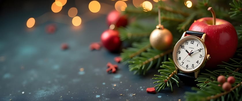 Clock and apple with fir branches, ornaments, and lights for a cozy Christmas feel
