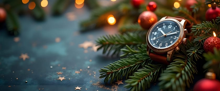 A wristwatch set against a festive Christmas background, featuring fir branches, ornaments, and warm lights. This image brings together the holiday spirit with a sense of timelessness and warmth