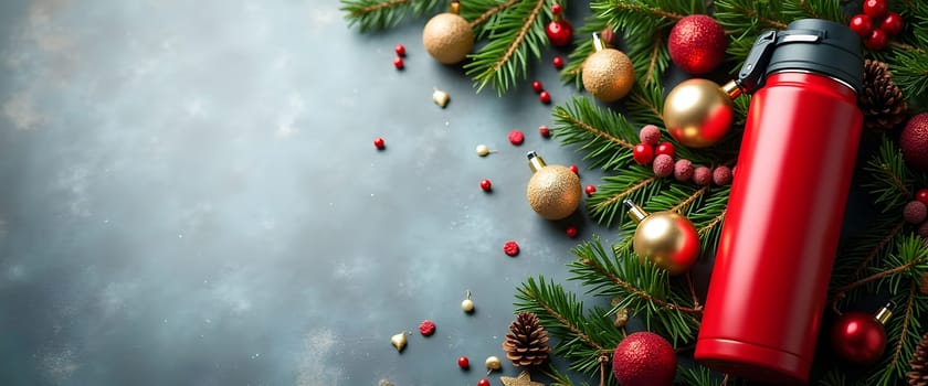 Thermos with fir branches, ornaments, and lights for a cozy Christmas atmosphere