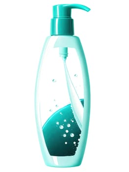 Shampoo Bottle Stylish shampoo bottle with a splash of water droplets, vibrant teal and white, transparent background.