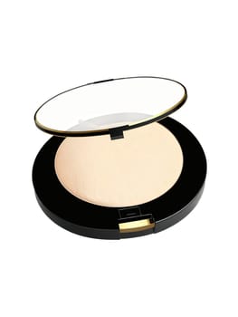 Compact Powder Classic compact powder with a puff of smoke, neutral beige and gold, transparent background.