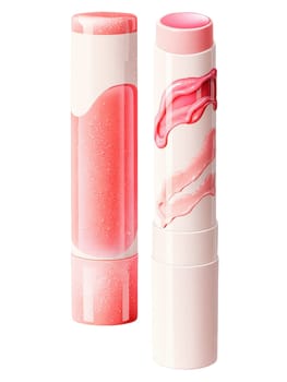Lip Balm Stick Stylish lip balm stick with a melting effect, soft pink and white, transparent background.