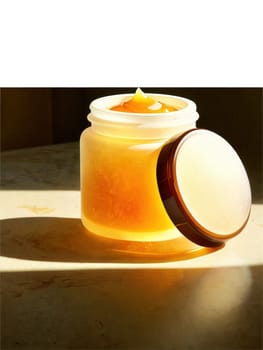 Frosted glass jar containing a nourishing, honey-colored face mask, highlighted by a warm, natural lighting setup.