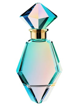 Iridescent glass perfume bottle with a faceted, geometric shape, presented in a dynamic, floating arrangement.