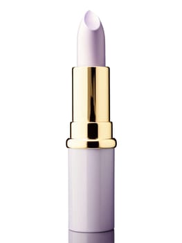 Soft lavender lipstick tube with a unique, sculptural cap, highlighted by a warm, diffused lighting setup.