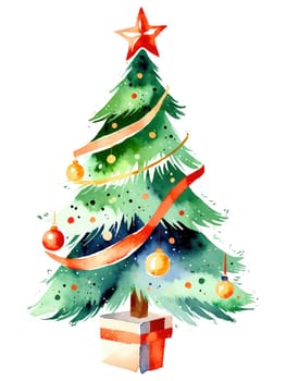Watercolor Christmas Tree, painted in a soft, dreamy style, transparent background.