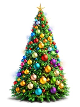 Classic Christmas Tree lush green fir adorned with multicolored ornaments and twinkling fairy lights, vibrant and eye-catching for dynamic advertisement.